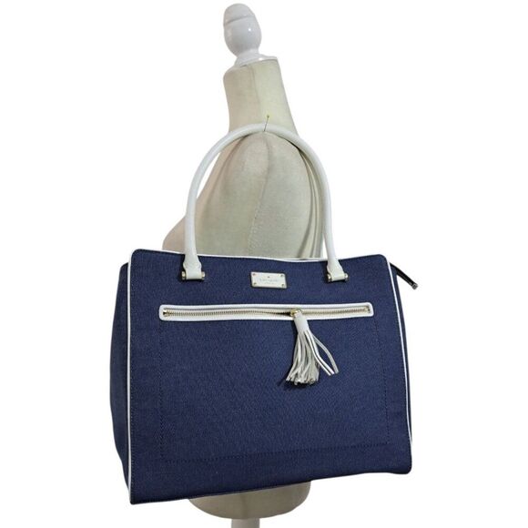 Kate Spade Women's Allyn Blue Denim Leather Trim Office Work Preppy Tote Bag - Picture 1 of 14